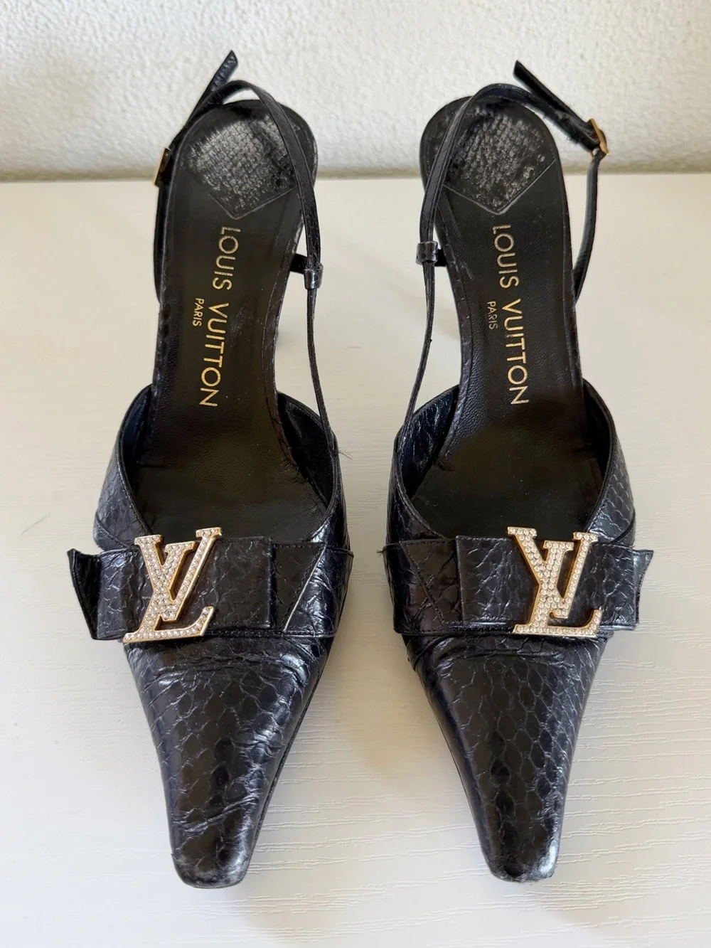 Louis Vuitton Slingback Pumps Black Snakeskin Crystal LV EU 37.5 US 7-7.5